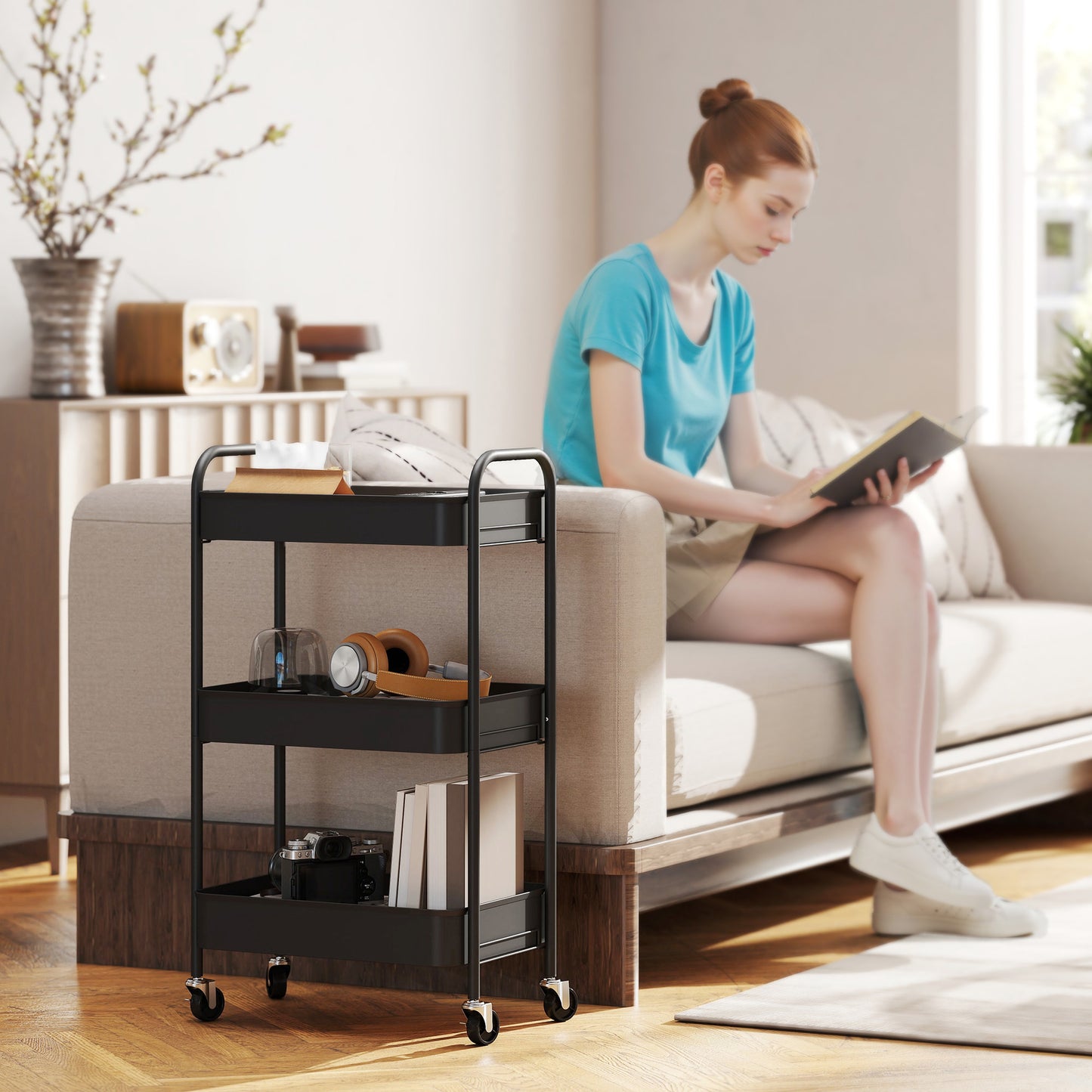HOMCOM Three Tier Steel Storage Trolley Black Rolling Cart With Three Baskets For Home Kitchen Laundry Office