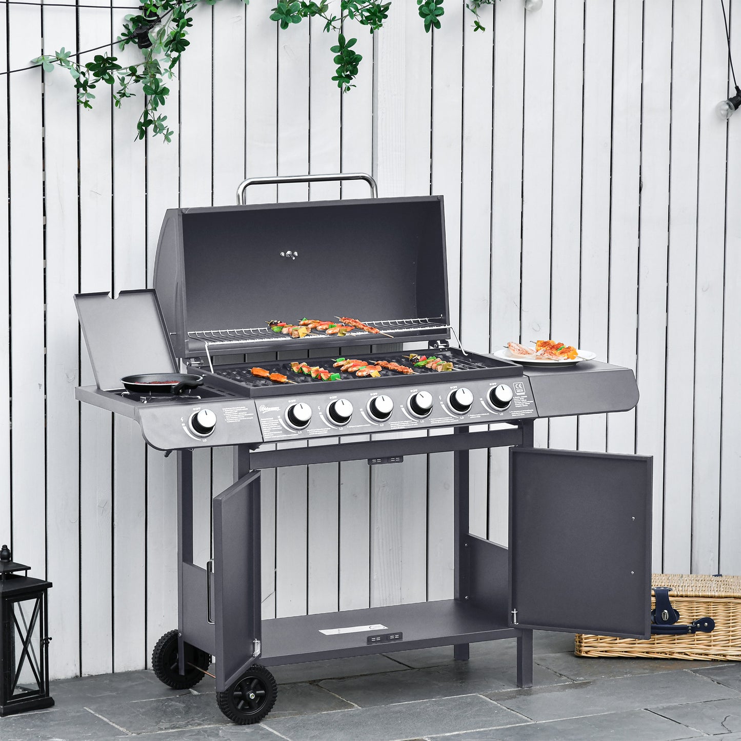 Outsunny Seven Burner Gas BBQ Grill Grey With Side Burner And Large 2646 Sq Cm Cooking Area