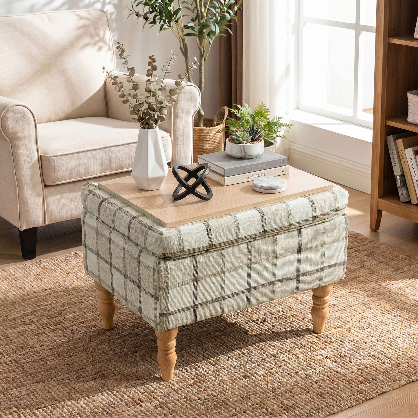HOMCOM Linen Fabric Upholstered Storage Ottoman Rectangular Footstool With Removable Top Tray Table Hidden Space Brown