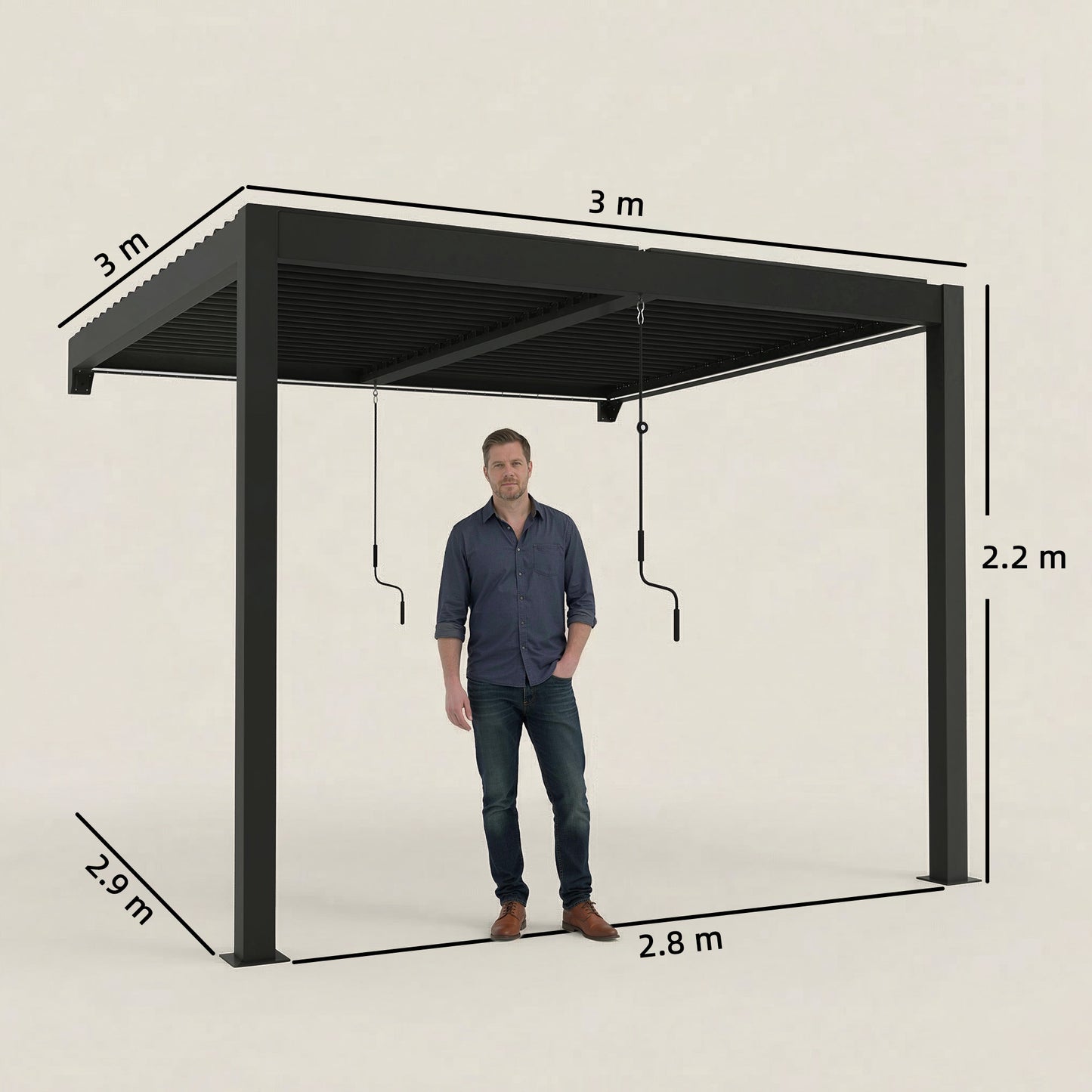 Outsunny 3 By 3 M Louvered Pergola With LED Lights Wall Mounted Aluminium Patio Gazebo Dark Grey