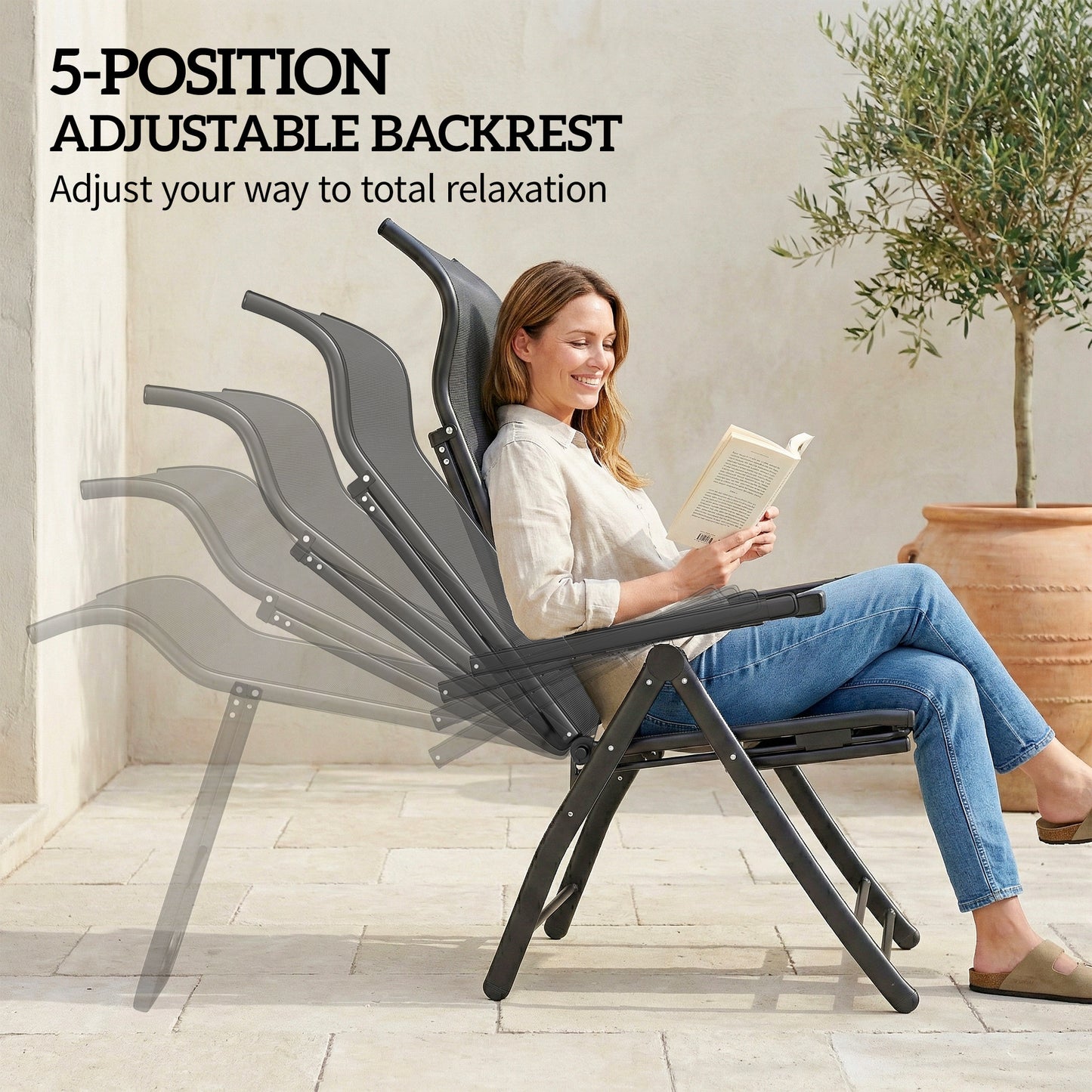 Outsunny Reclining Garden Chairs 2 Pack 5 Position Folding Sun Loungers With High Back Retractable Footrest Dark Grey