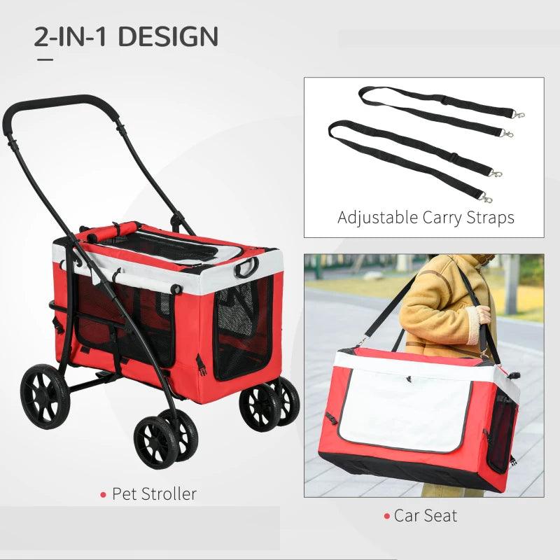 PawHut Foldable Dog Stroller with Detachable Carrier, Pet Travel Crate, Soft Padding - Ideal for Mini and Small Dogs - Red - ALL4U RETAILER LTD