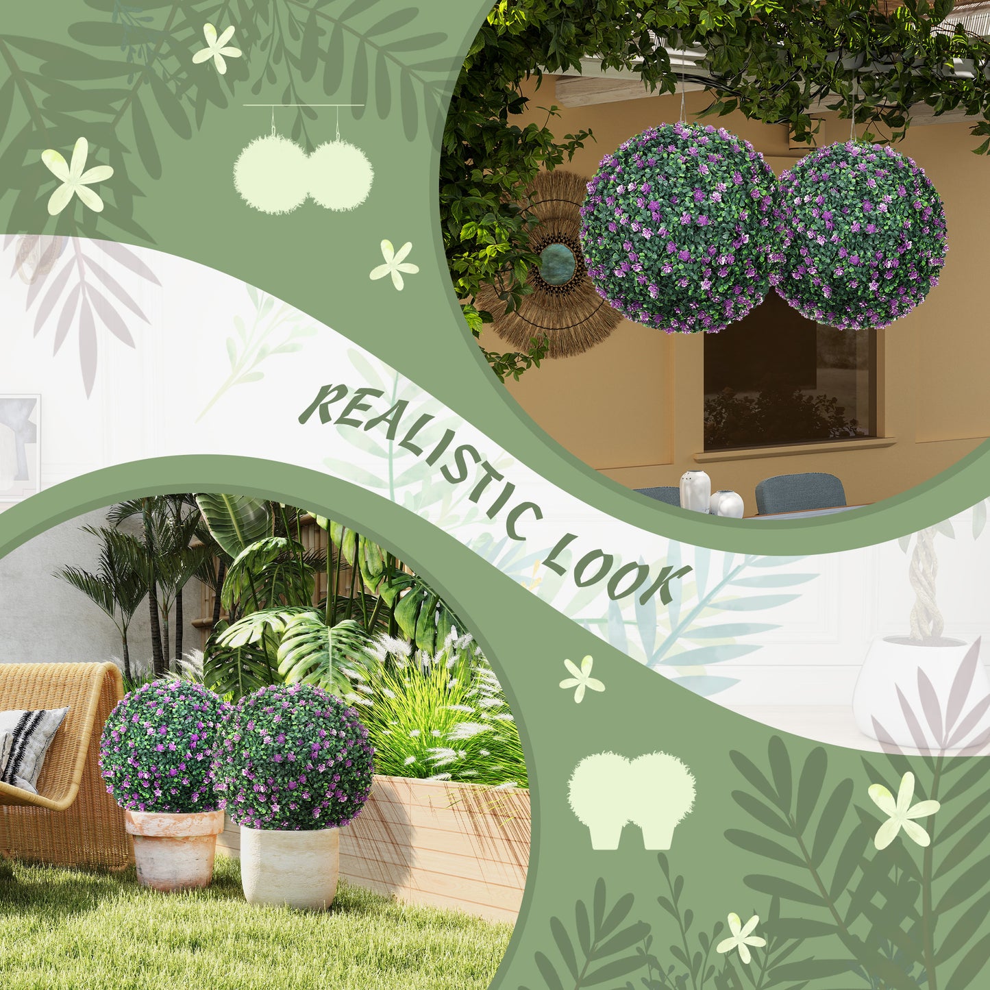 HOMCOM Set of Two Artificial Boxwood Balls Purple for Realistic Indoor Outdoor Decor