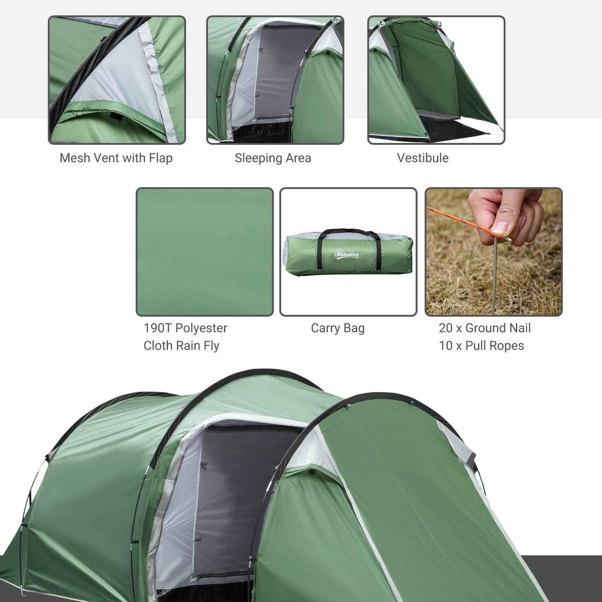 Outsunny Tunnel Tent, 2-3 Person Camping Tent with Sewn-in Groundsheet, Air Vents, Rainfly, 2000mm Water Column, Green - ALL4U RETAILER LTD