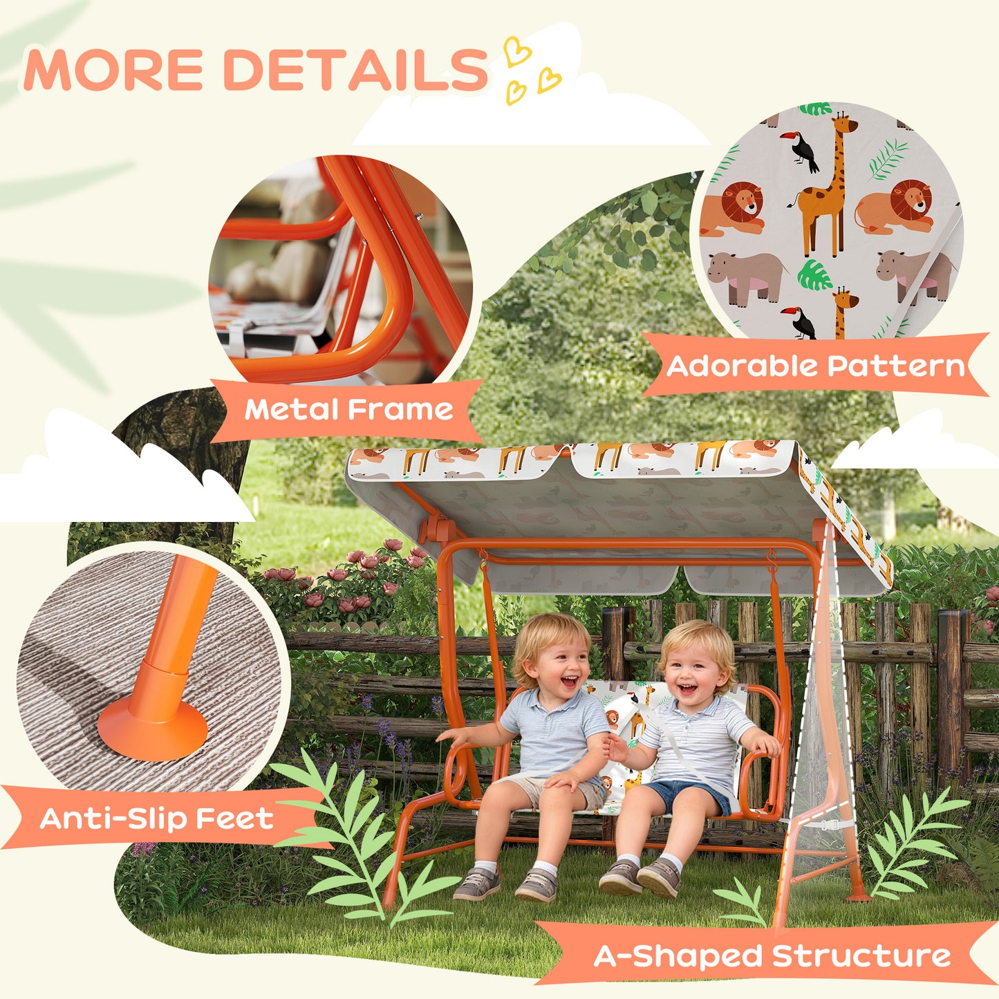 AIYAPLAY 2 Seater Kids Porch Swing With Adjustable Canopy And Seat Belts Outdoor Patio Bench Hammock Orange