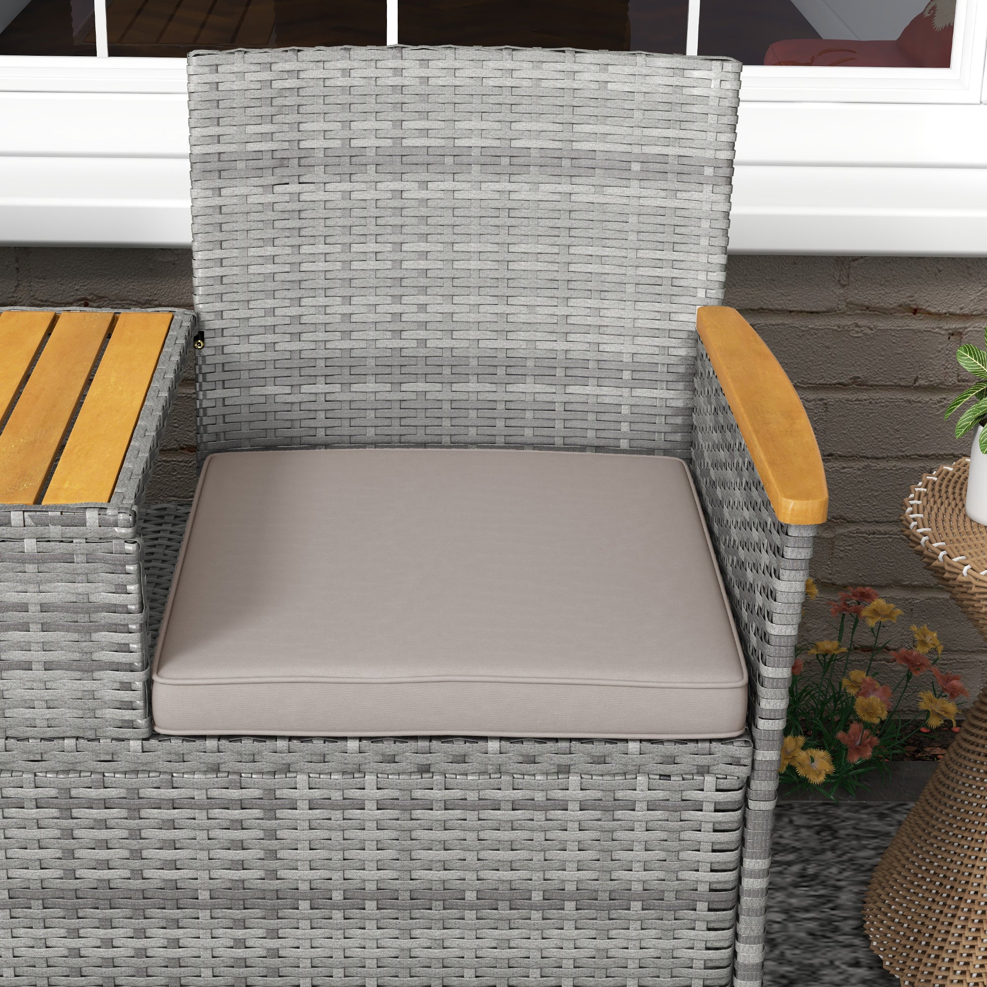 Outsunny Grey Rattan Loveseat with Acacia Wood Middle Table for Two - ALL4U RETAILER LTD