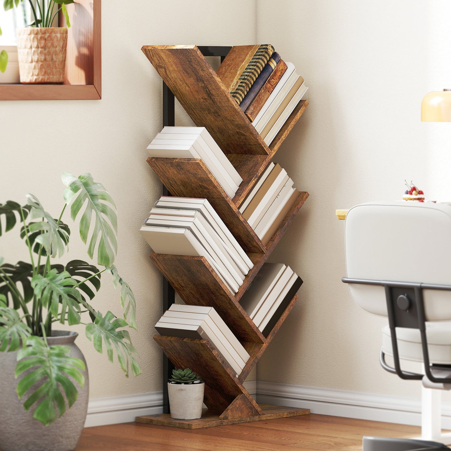 HOMCOM Six Section Tree Bookcase With Steel Frame And Wood Effect Finish For Books Magazines And Media Storage