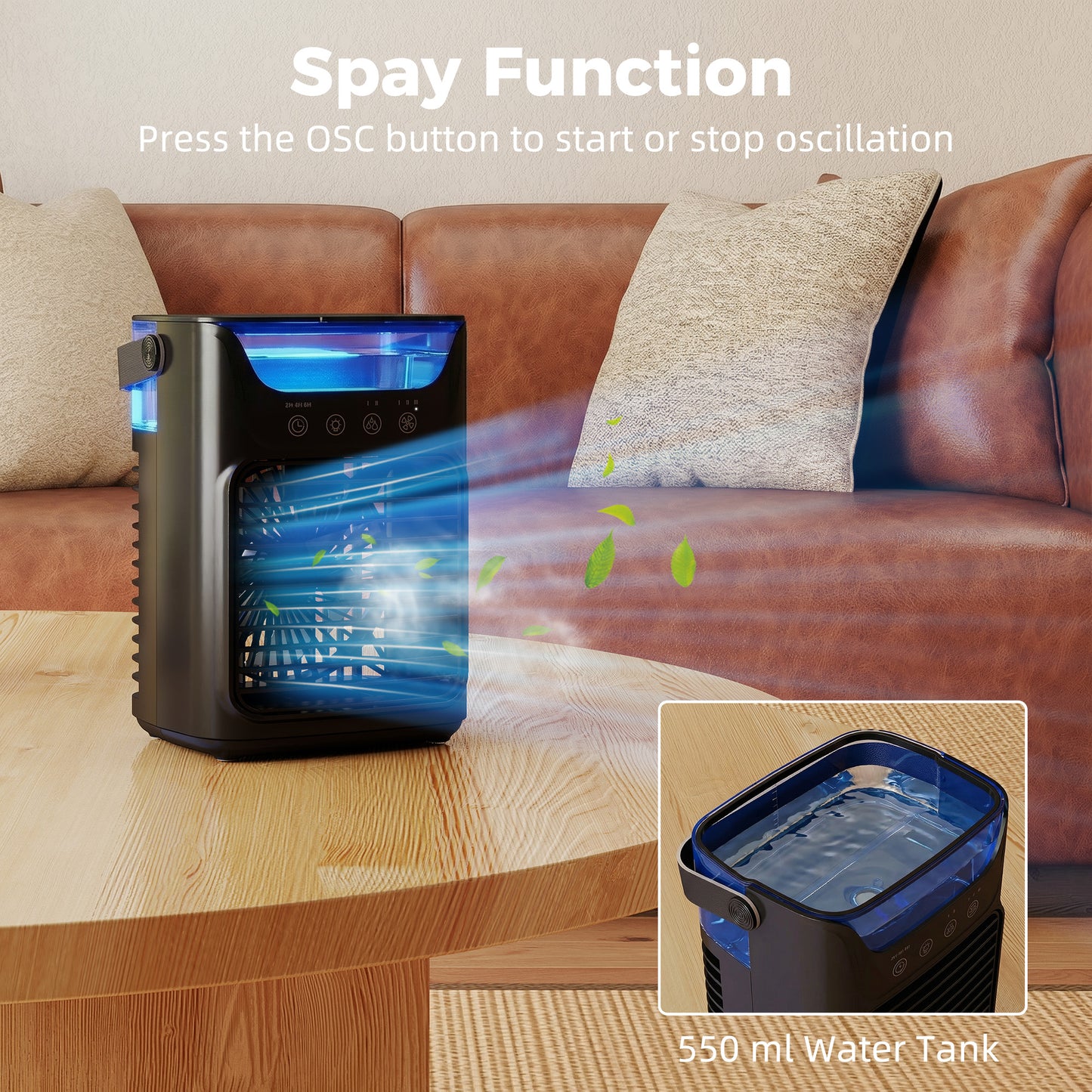 HOMCOM Portable Air Cooler With Adjustable Head 3 Wind Speeds 2 Cool Mist RGB Light Black