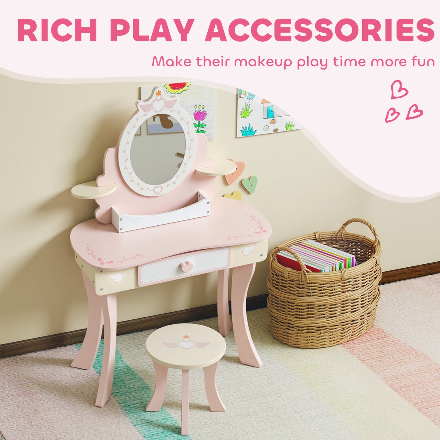 AIYAPLAY Kids Dressing Table Vanity Set With Mirror And Stool Pink Girls Desk With 7 Accessories And Storage