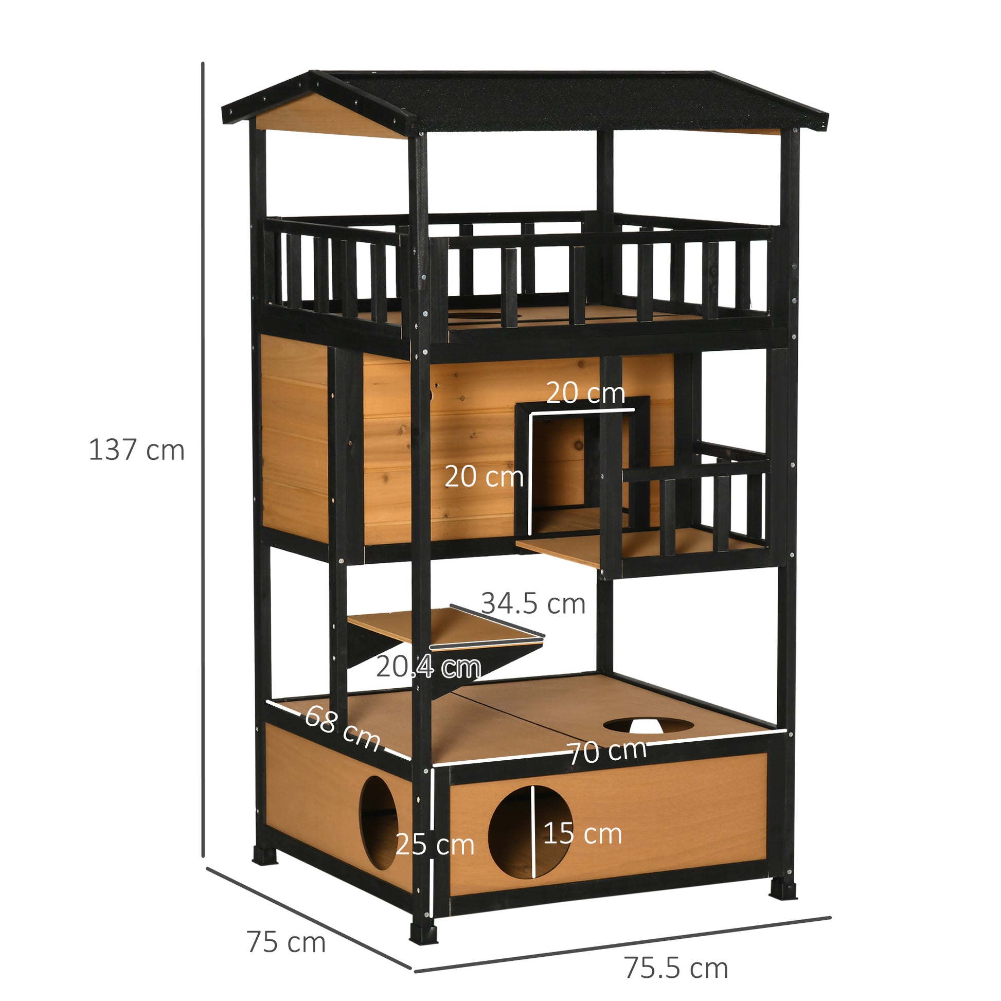 PawHut Three-Tier Outdoor Wooden Cat House with Balcony and Elevated Base - Yellow - ALL4U RETAILER LTD