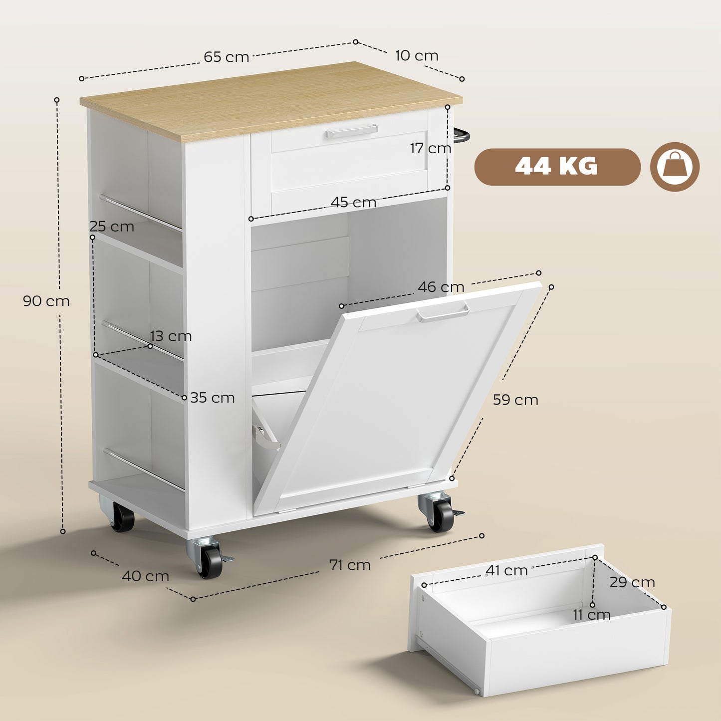 HOMCOM Kitchen Storage Trolley On Wheels Rolling Kitchen Island With 2 Drawers Tilt Out Rubbish Cabinet Storage White