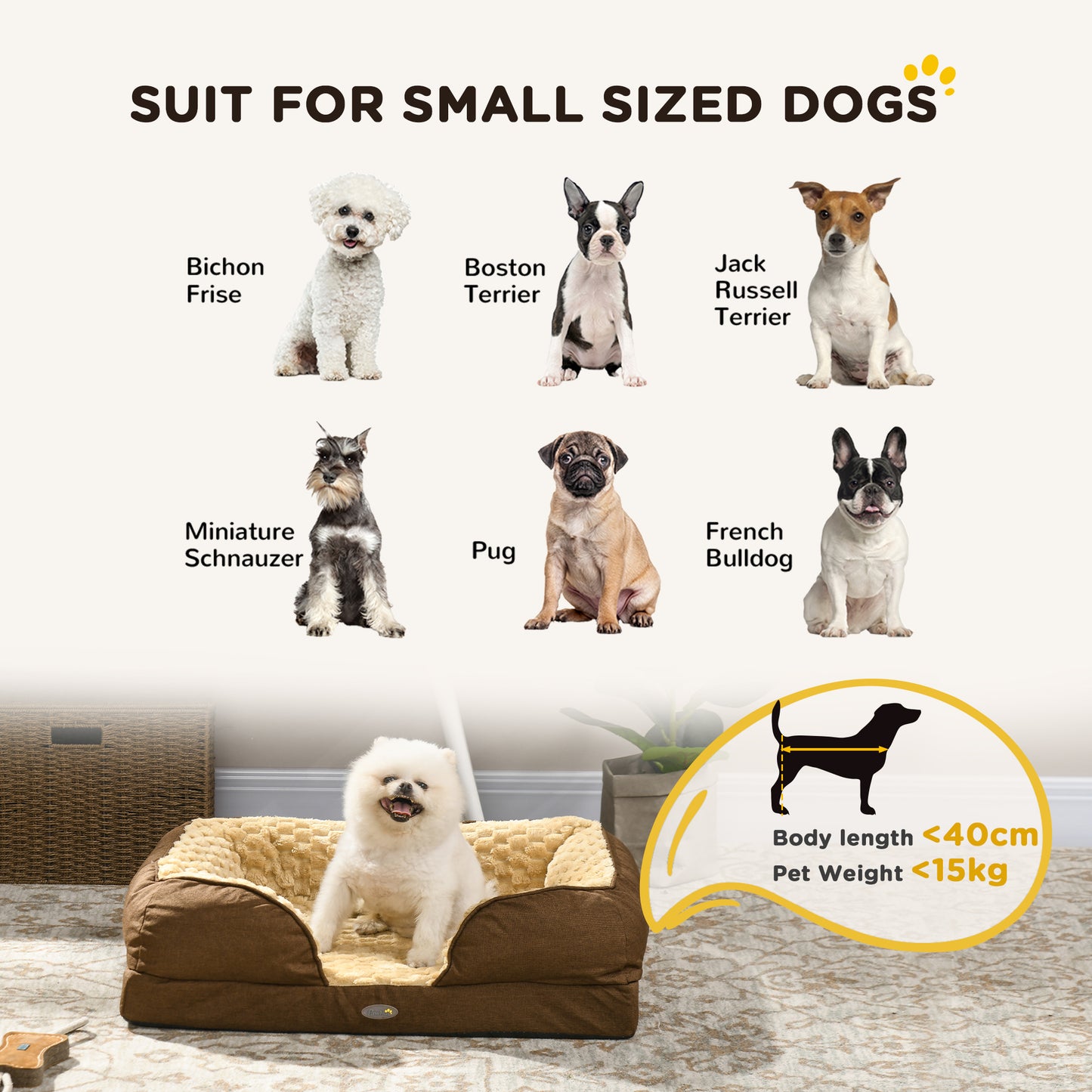 PawHut Cozy Pet Mattress with Washable Cover and Non-Slip Base for Small Dogs - Brown 70L x 50W x 18Hcm - ALL4U RETAILER LTD