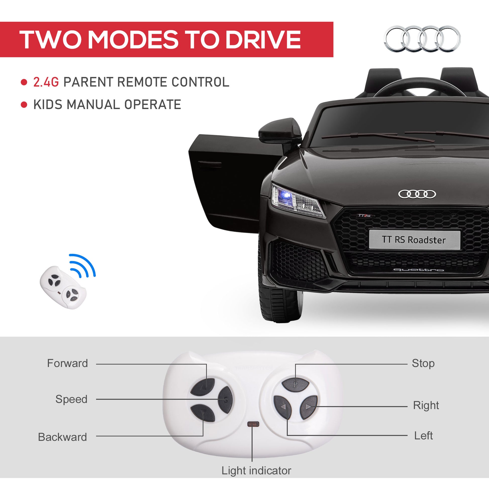 HOMCOM Audi TT RS 12V Kids Electric Ride-On Car with Remote Control, Lights, Horn, and MP3 Player - Black - ALL4U RETAILER LTD