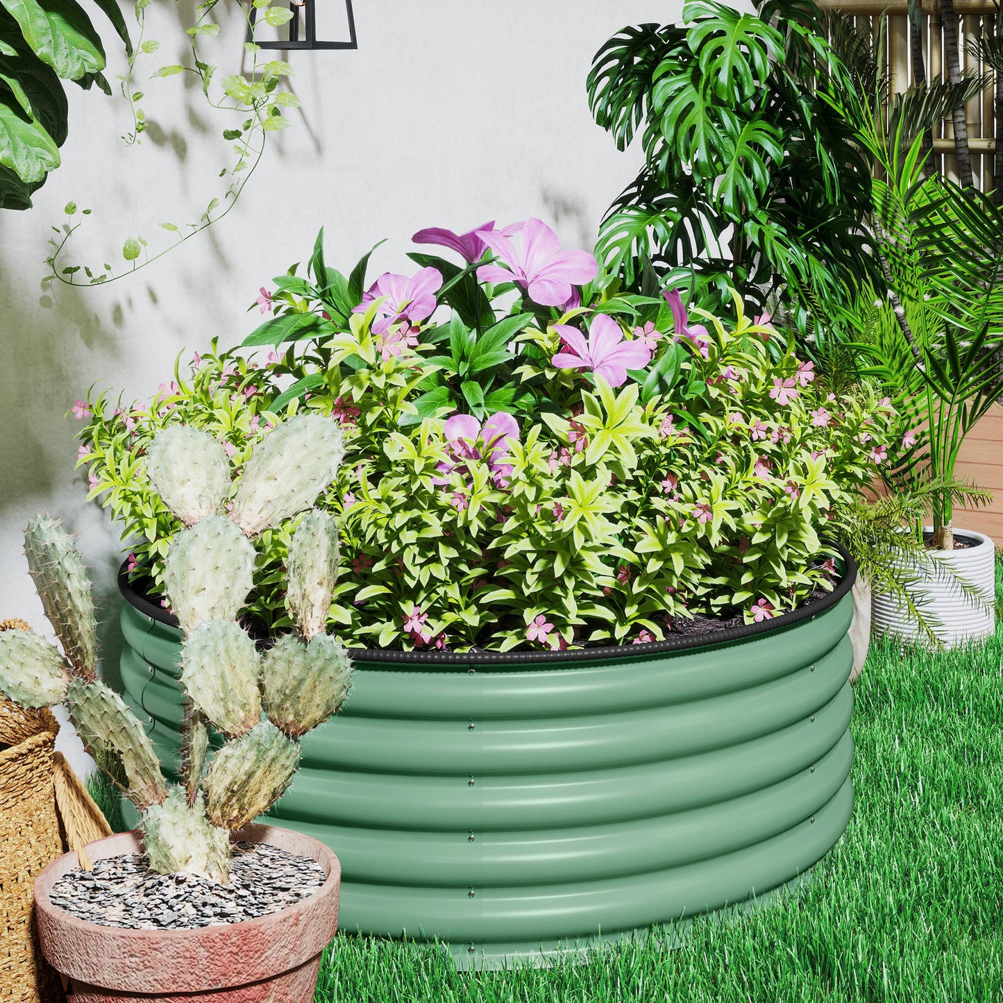 Outsunny Galvanised Raised Garden Bed Safety Edging Outdoor Planter Box 120 x 120 x 43cm Light Green Gloves Included