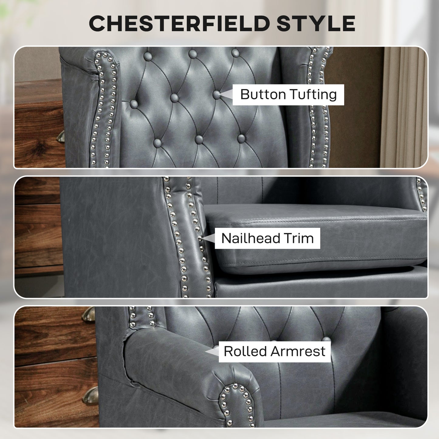 HOMCOM Wingback Accent Chair Tufted Chesterfield Style Armchair With Nailhead Trim Grey Living Room Bedroom
