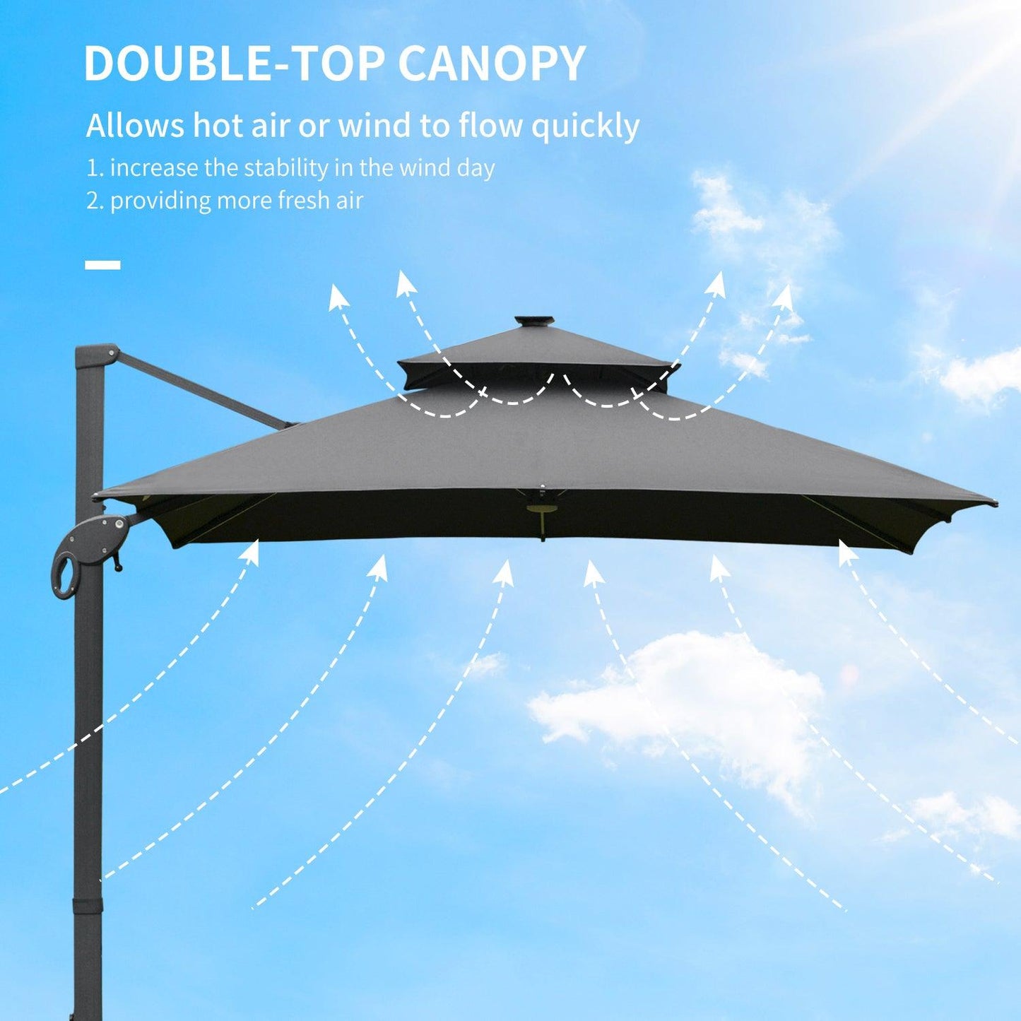 Outsunny 3x3m Cantilever Roma Parasol with LED Solar Light - Dark Gray - ALL4U RETAILER LTD