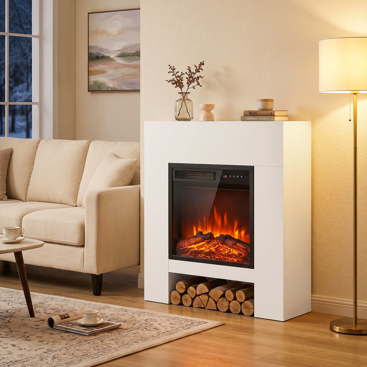 White electric fireplace TV cabinet with flame window and stacked firewood storage