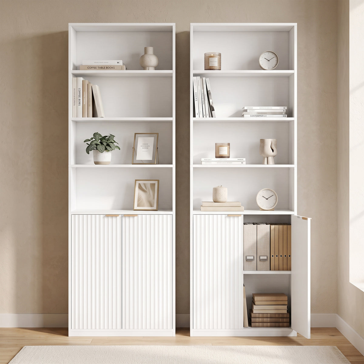 Pair of open compartments in a white tall bookcase with ribbed double doors.