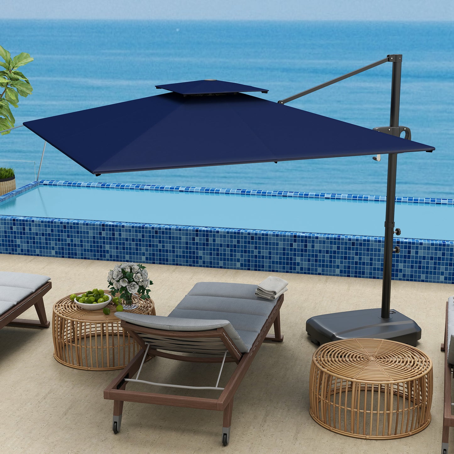 Outsunny Cantilever Parasol With Weighted Base Dark Blue Parasol Double Top Square Hanging Patio Umbrella Crank Tilt