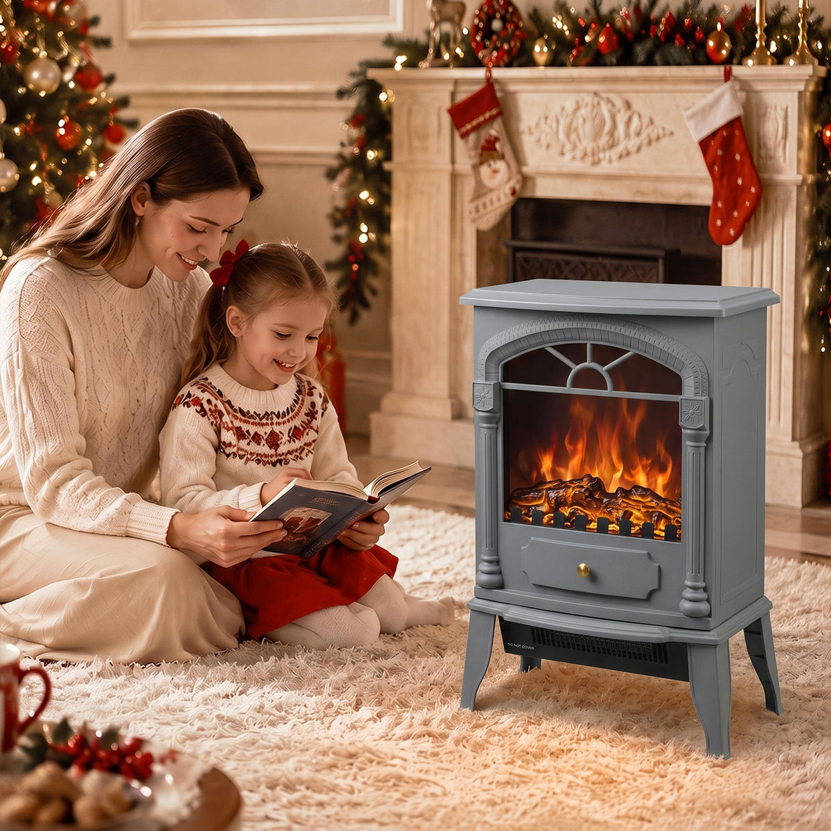 Homcom Electric Fireplace Heater With 3D Flame Effect Adjustable Thermostat Grey