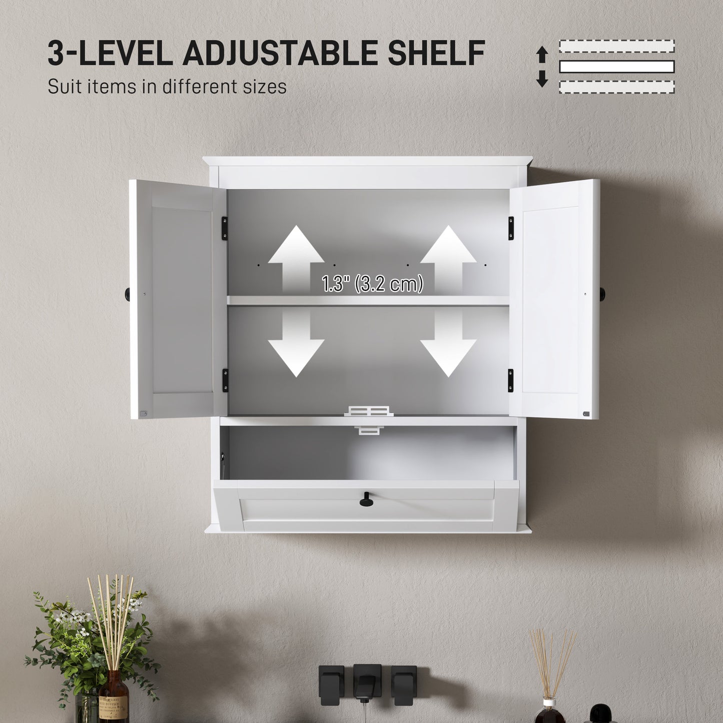 HOMCOM White Wall Mounted Bathroom Cabinet With Adjustable Shelf And Recessed Doors Three Compartments