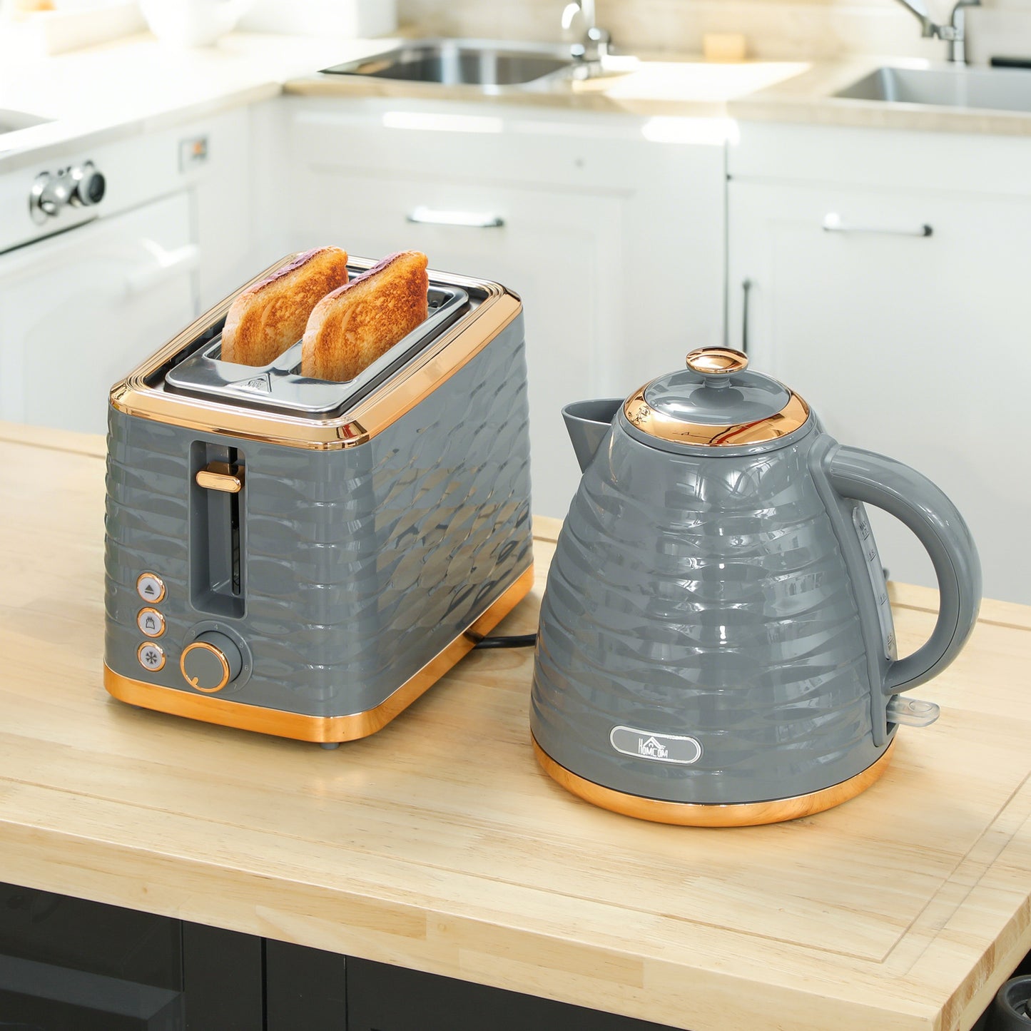 HOMCOM 3000W 1.7L Rapid Boil Kettle And 2 Slice Toaster Set In Grey With 7 Browning Levels And Crumb Tray