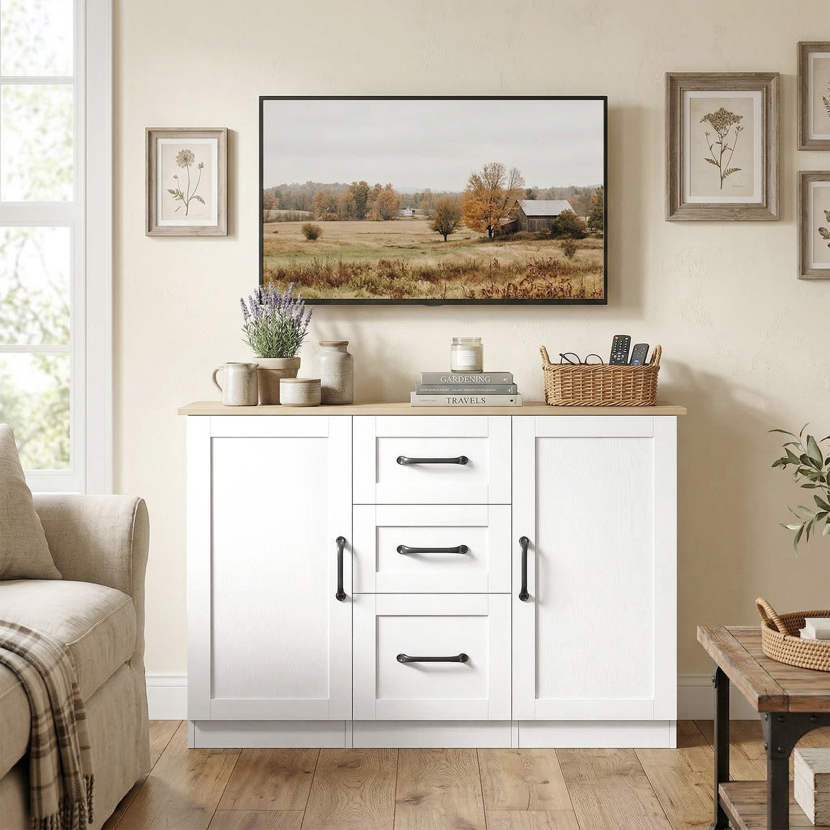 White sideboard cabinet with 3 drawers and 2 doors, black bar handles