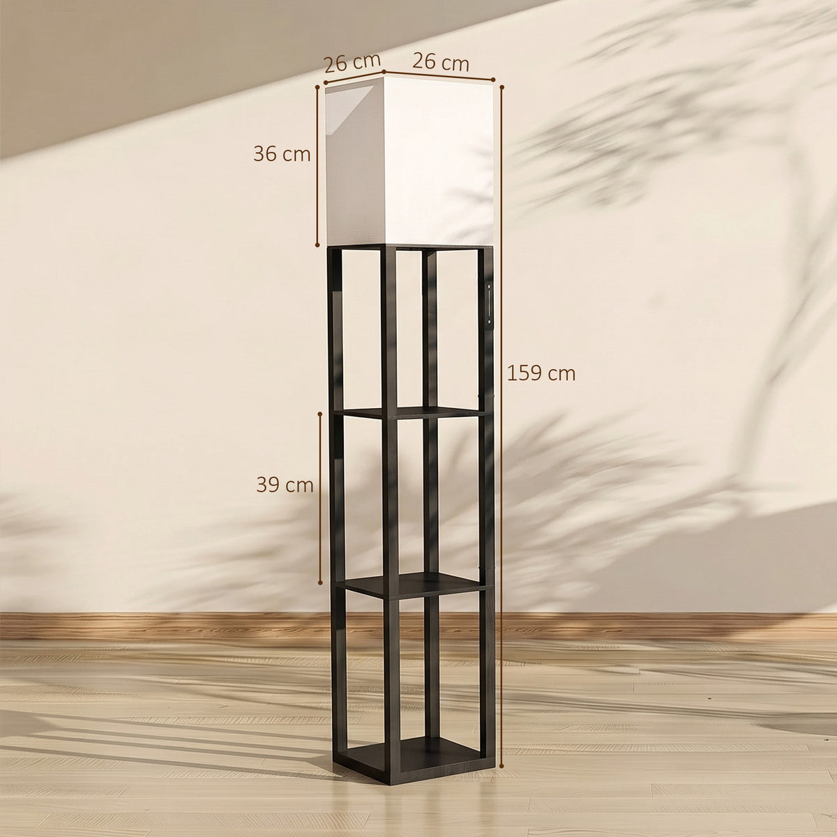 Tall black floor lamp with 3-tier shelves, shown with size measurements