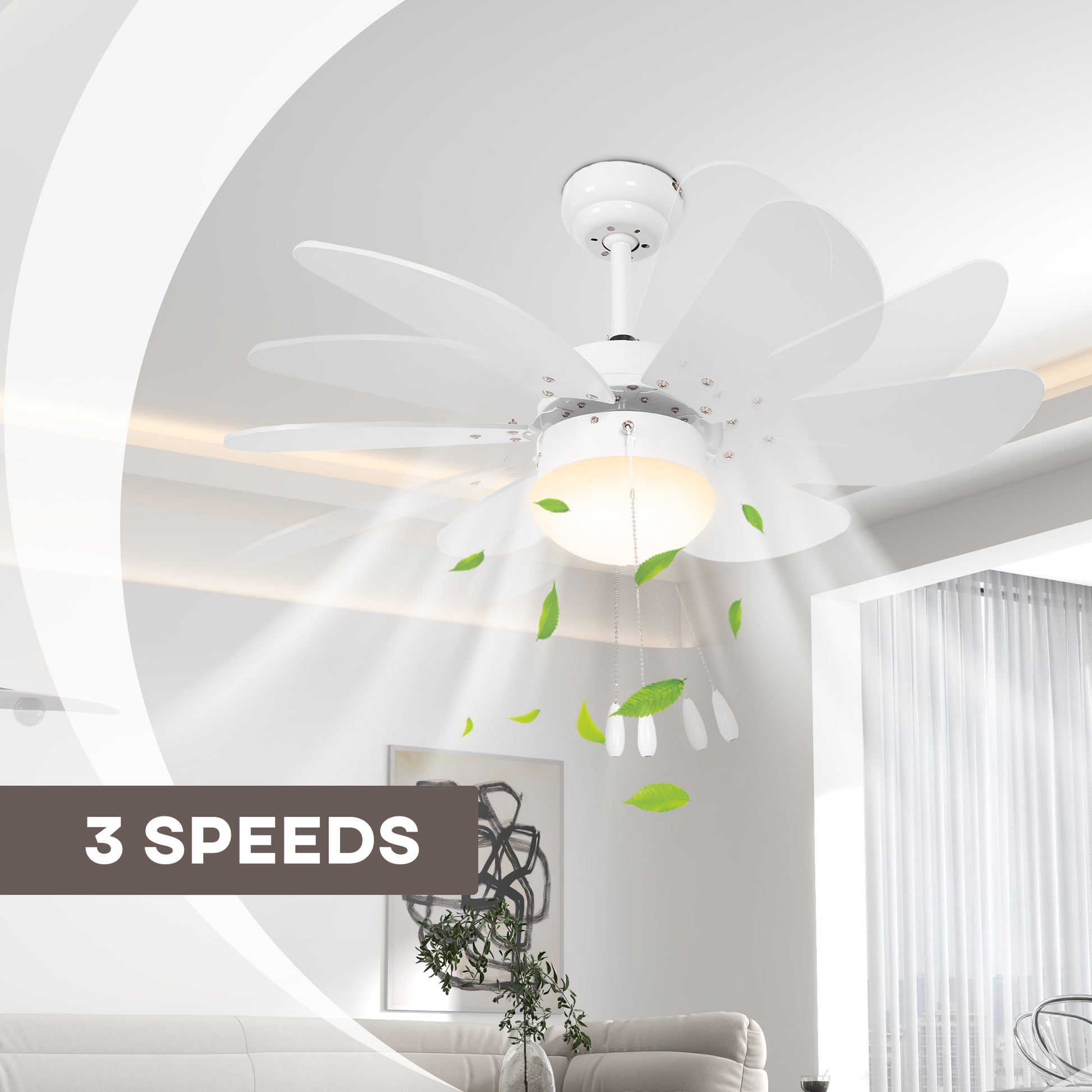 HOMCOM 6-Blade LED Ceiling Fan with Reversible Airflow and Pull-Chain Control in White Finish - ALL4U RETAILER LTD