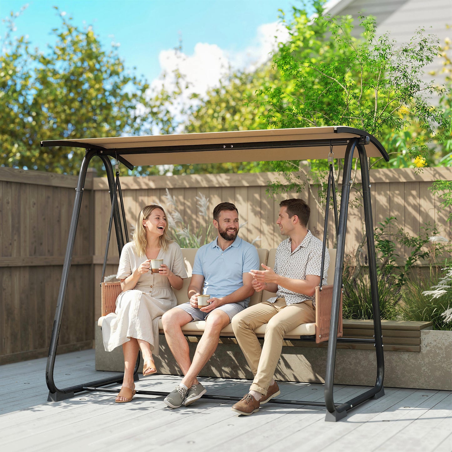 Outsunny 3 Seater Swing Chair With Adjustable Canopy Garden Swing Seat Outdoor Hammock Bench Cushions Sand Brown
