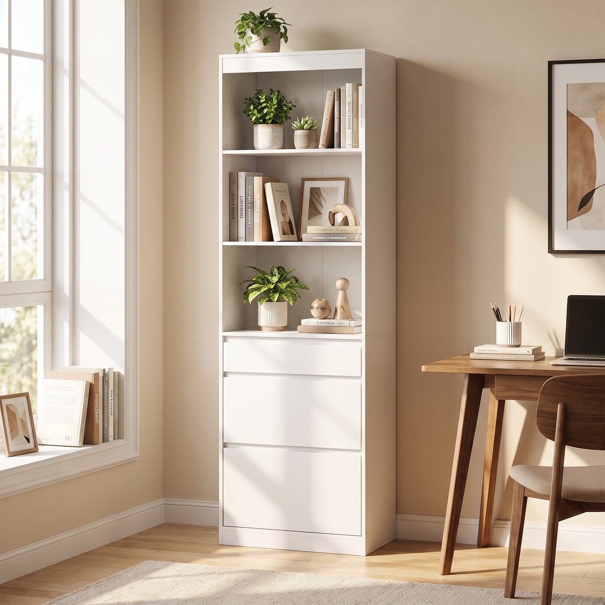 White bookcase with open shelf compartments and three drawers, shown from a side angle.