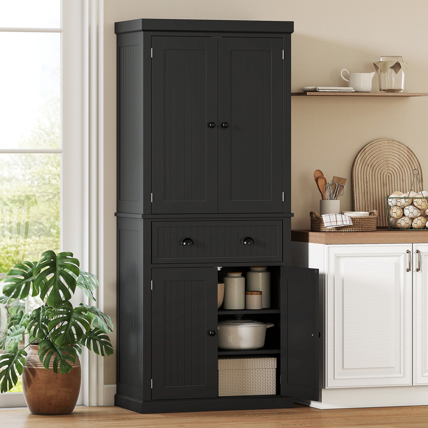 HOMCOM Kitchen Storage Cabinet with 4 Doors and Adjustable Shelves Tall Larder Pantry in Black MDF Construction