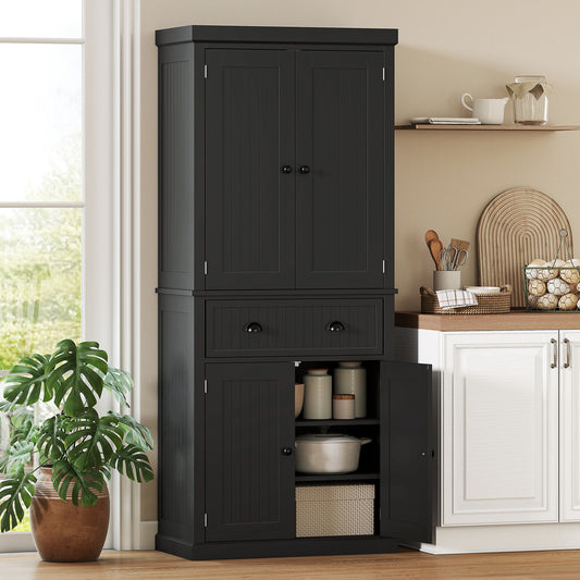 HOMCOM Kitchen Storage Cabinet with 4 Doors and Adjustable Shelves Tall Larder Pantry in Black MDF Construction