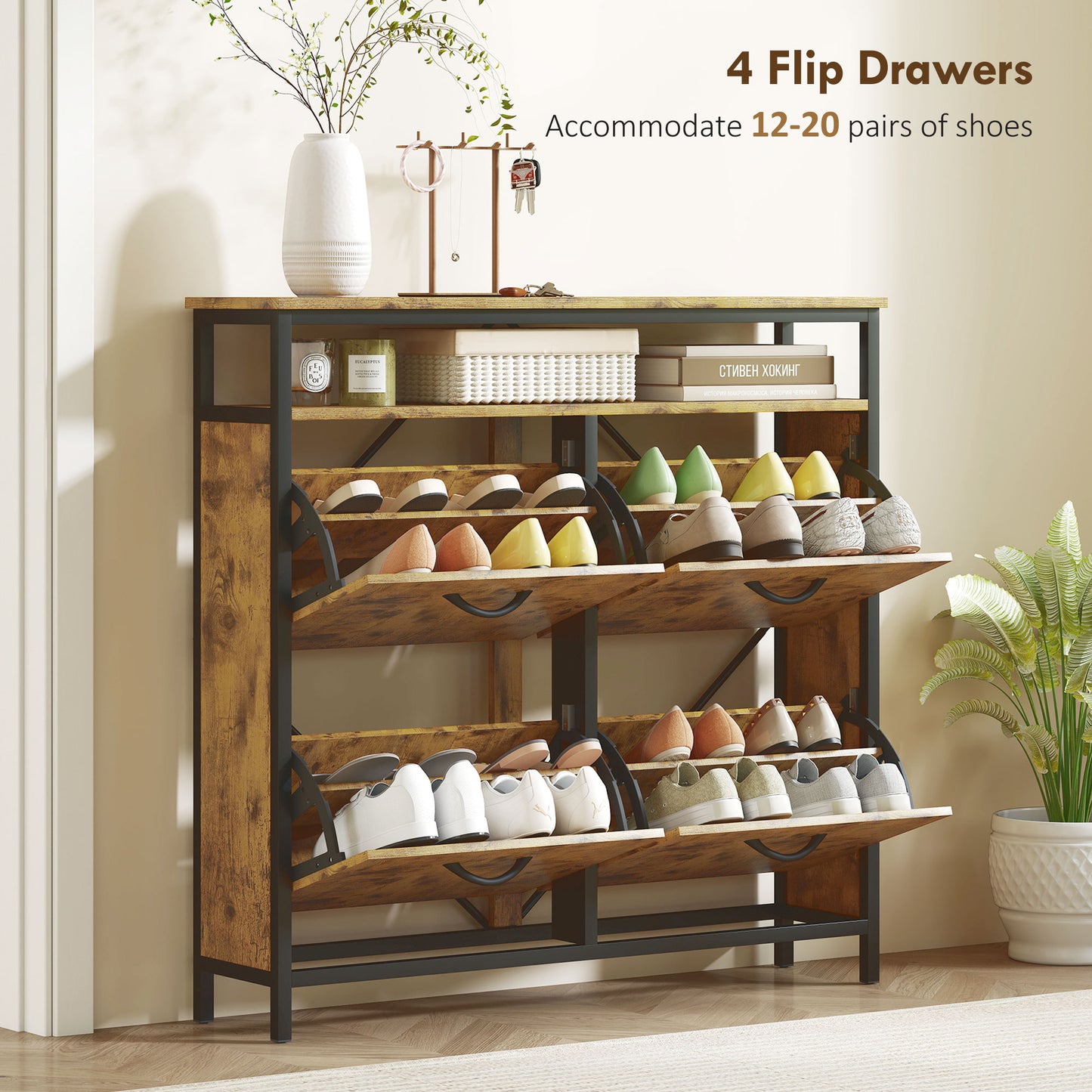 HOMCOM Rustic Brown Shoe Storage Cabinet With 4 Flip Drawers And Open Shelf Industrial Style