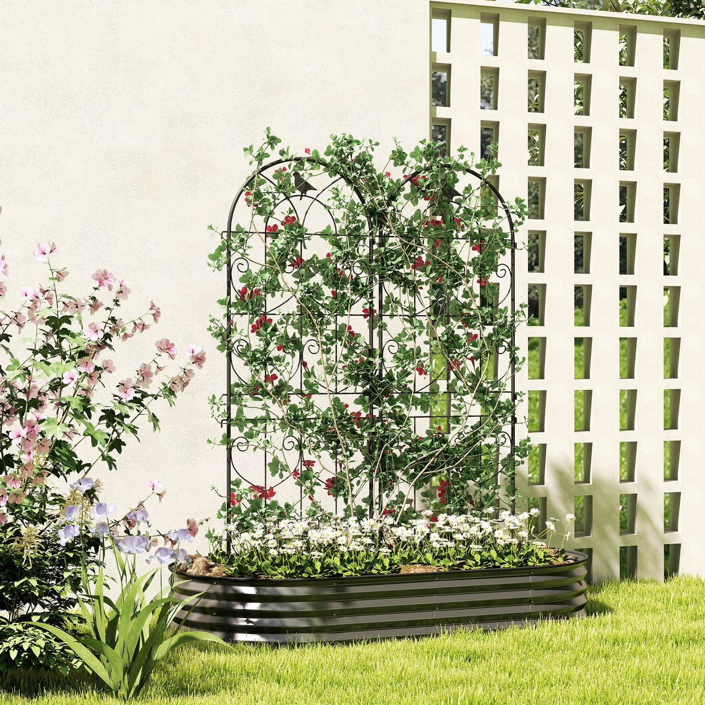 Outsunny Set Of 2 Garden Trellis Panels For Climbing Plants 150 X 50 Cm Weatherproof Powder Coated Metal Bird Motif