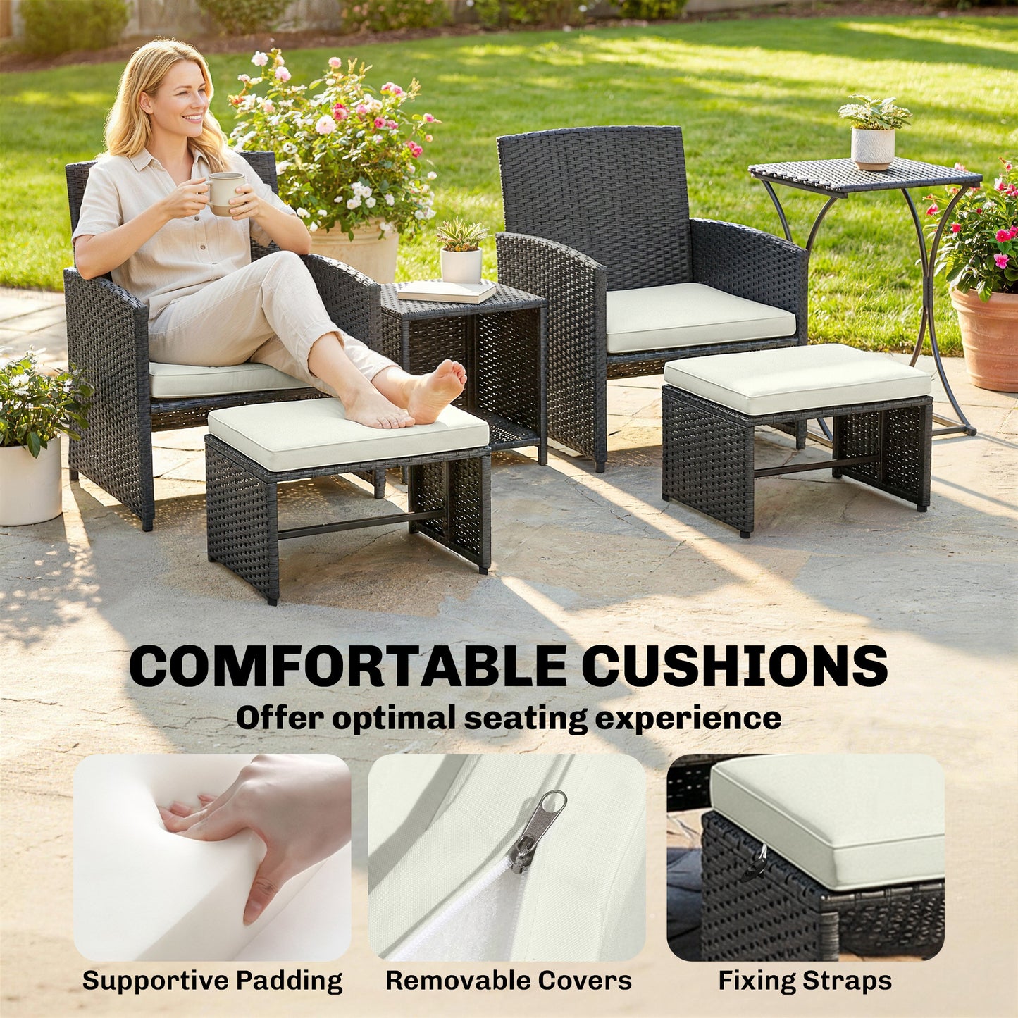 Outsunny 6 Piece Rattan Garden Furniture Set Space Saving Patio With Nesting Tables Chairs Stools Cushions Black