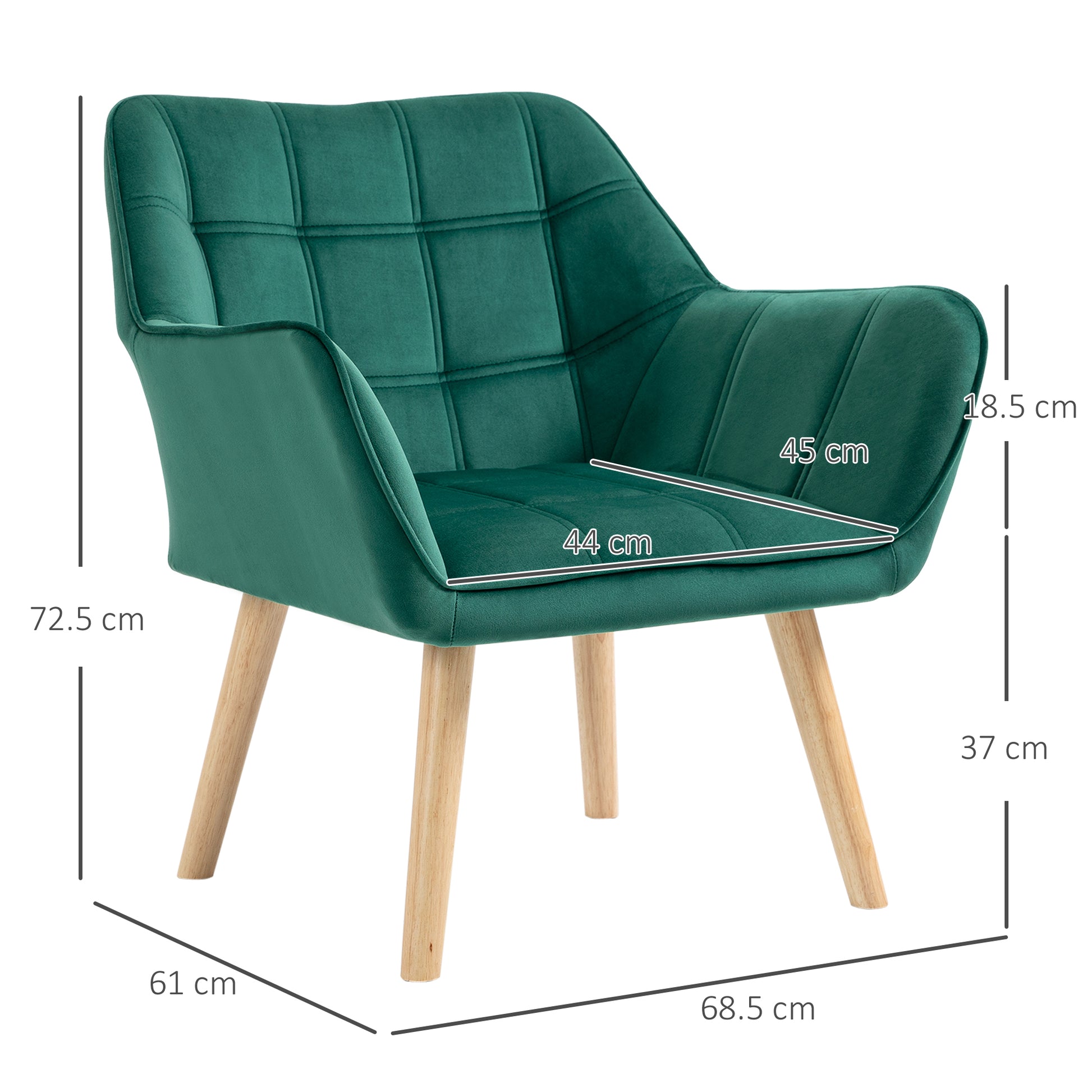 HOMCOM Armchair Accent Chair Vanity Chair Wide Arms Slanted Back Padding Metal Frame Wooden Legs Home Bedroom Furniture Seating Set 2 Green - ALL4U RETAILER LTD