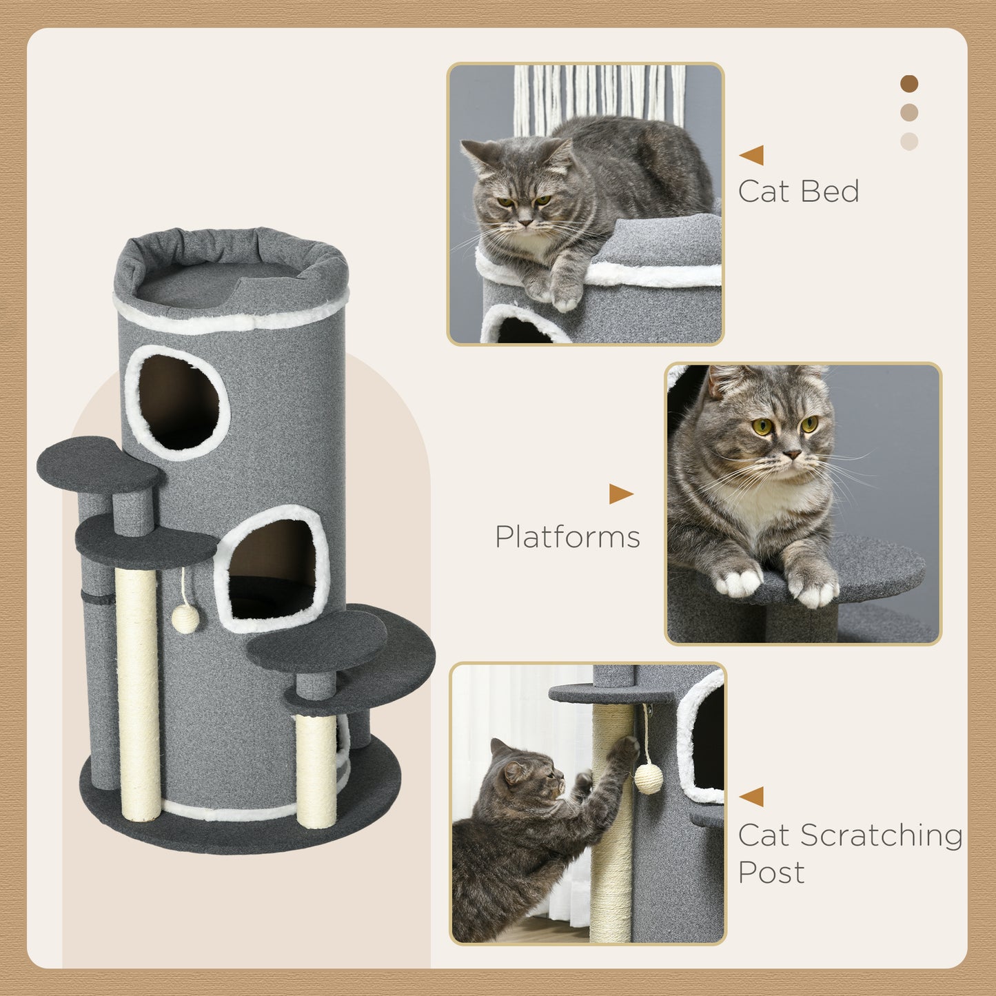 PawHut Barrel-Designed Cat Tree with Scratching Posts and Cozy Platforms in Grey - ALL4U RETAILER LTD