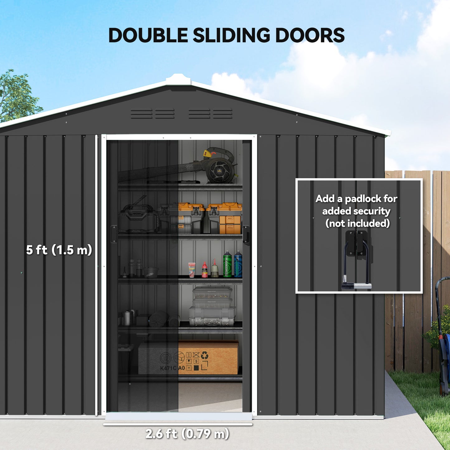 Outsunny 8x6ft Galvanised Steel Shed With Double Door Dark Grey For Garden Tools And Equipment