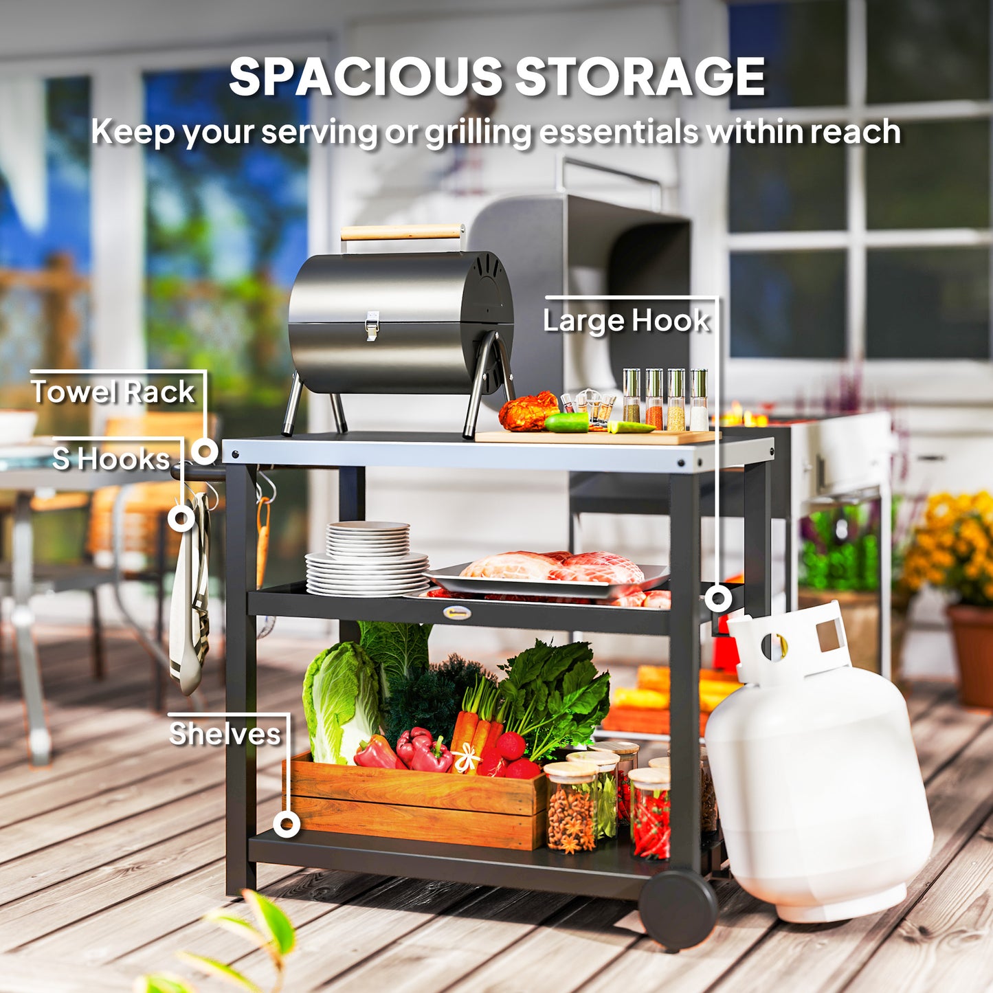 Outsunny Outdoor Grill Cart Three Shelf Movable Table With Stainless Steel Top Portable BBQ Trolley Charcoal Grey