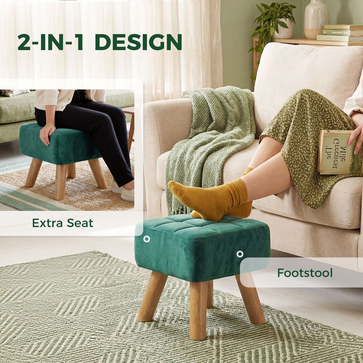 HOMCOM Velvet Square Padded Footstool with Tufted Top and Wooden Legs Dark Green