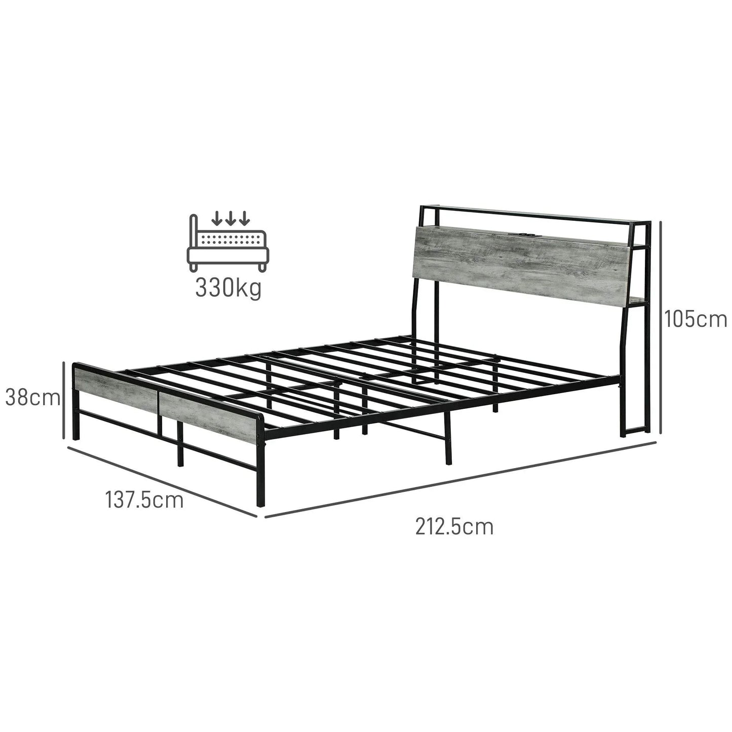 HOMCOM Grey Double Bed Frame with LED Lighting and Tri-Level Headboard Storage - ALL4U RETAILER LTD