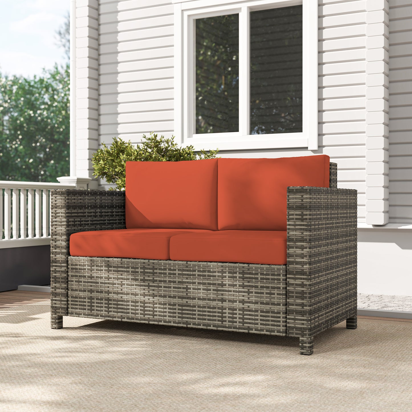 Outsunny Rattan 2 Seater Sofa With Soft Cushions Armrests Garden Loveseat For Patio Grey Water Resistant