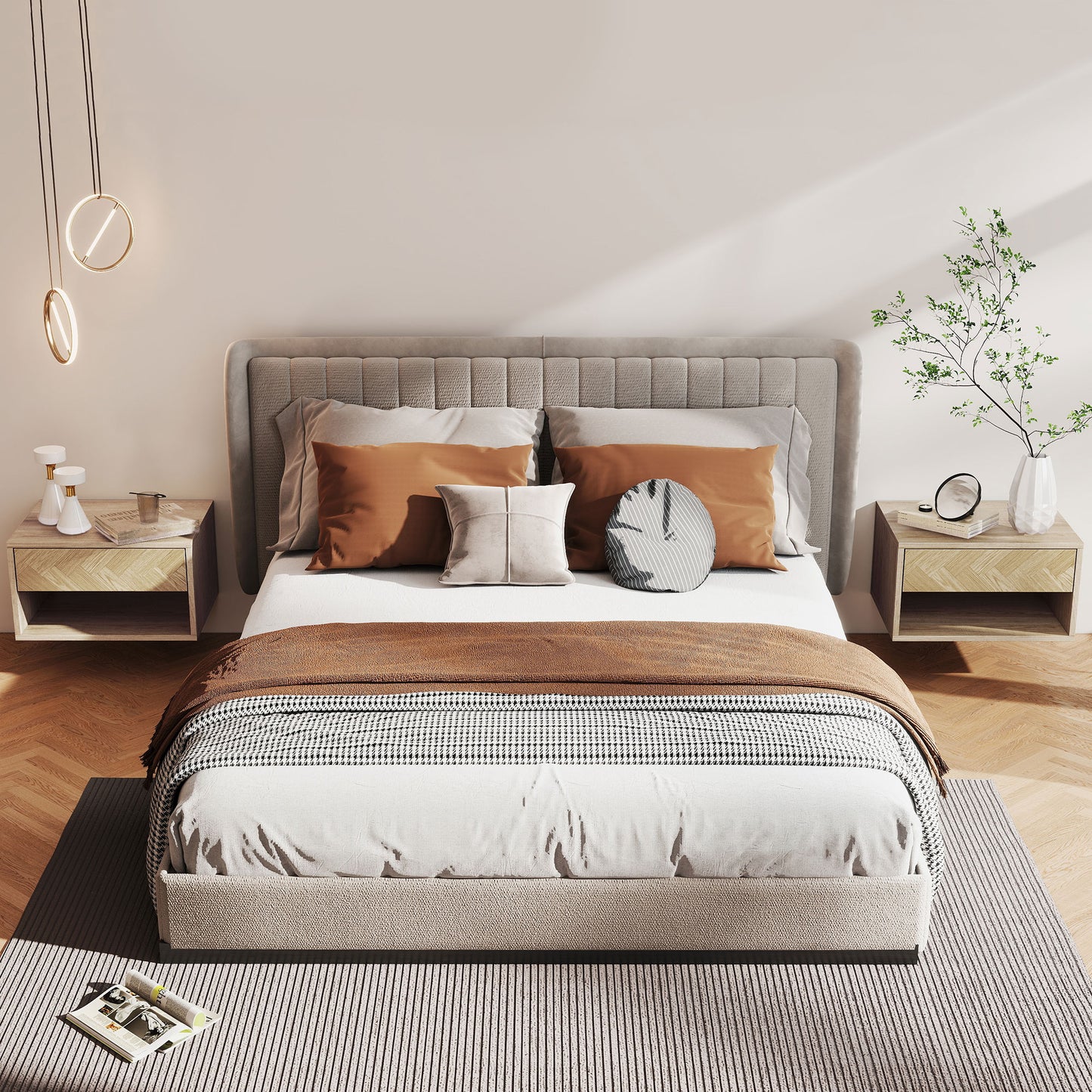 HOMCOM Floating Bedside Tables Set of Two in Natural Wood Finish with Drawer and Open Shelf