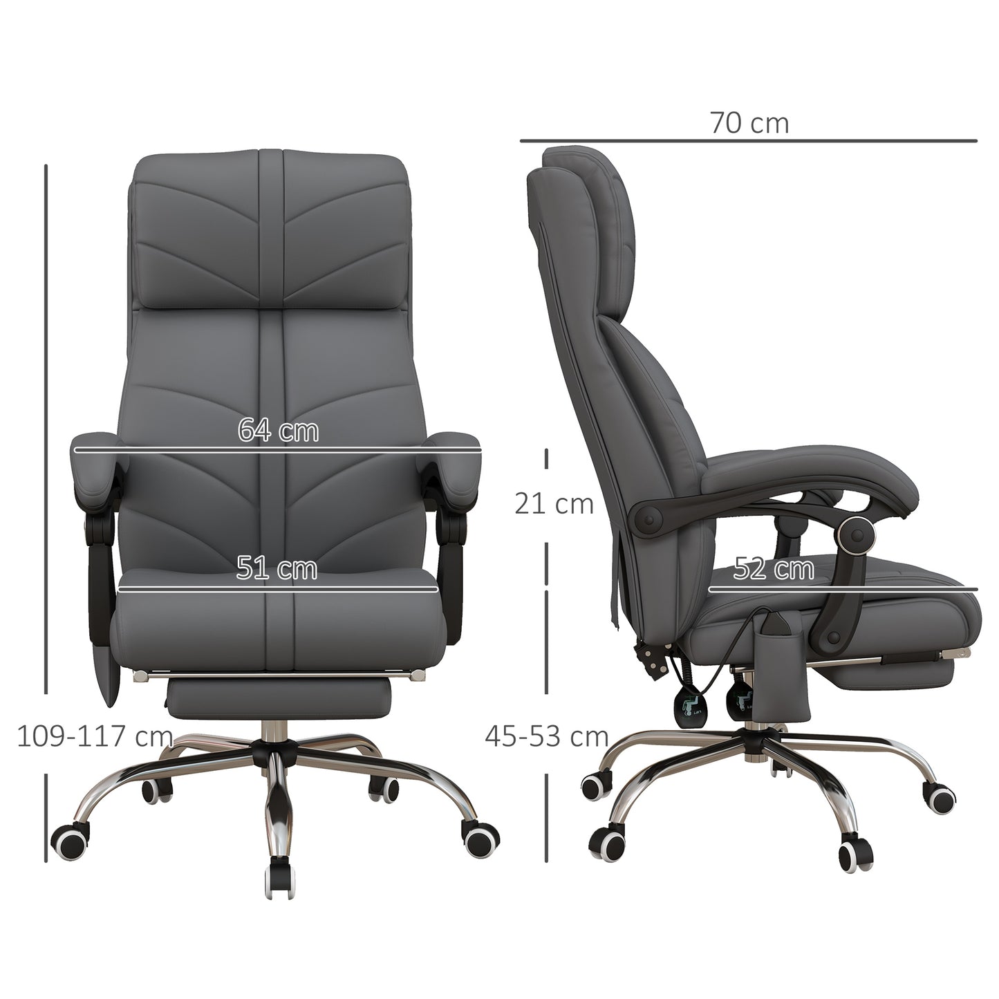 Vinsetto Heated Vibration Massage Computer Chair with Footrest and Reclining Feature in Grey PU Leather - ALL4U RETAILER LTD