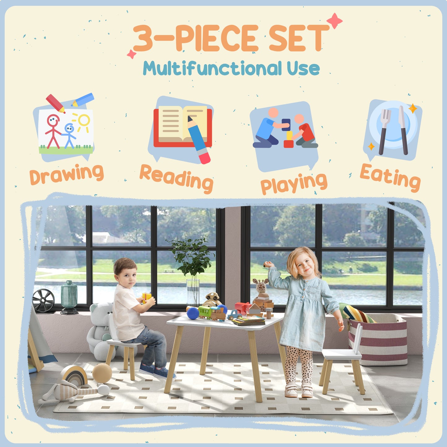 HOMCOM Adorable Bunny Ear Toddler Table and Chair Set - 3 Pcs Kids Desk with Chairs for Playroom or Nursery - ALL4U RETAILER LTD