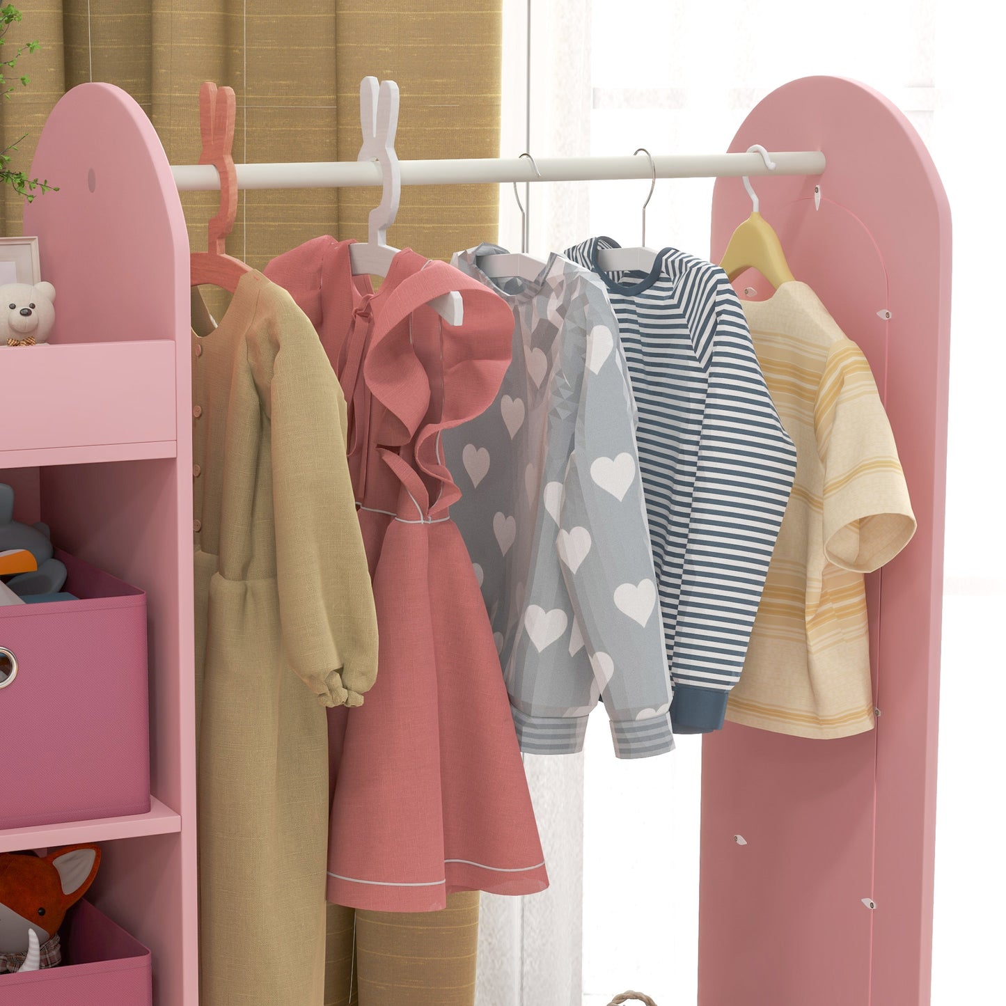 AIYAPLAY Kids Clothes Rail With Storage Shelf Boxes And Mirror For Bedroom And Nursery Pink