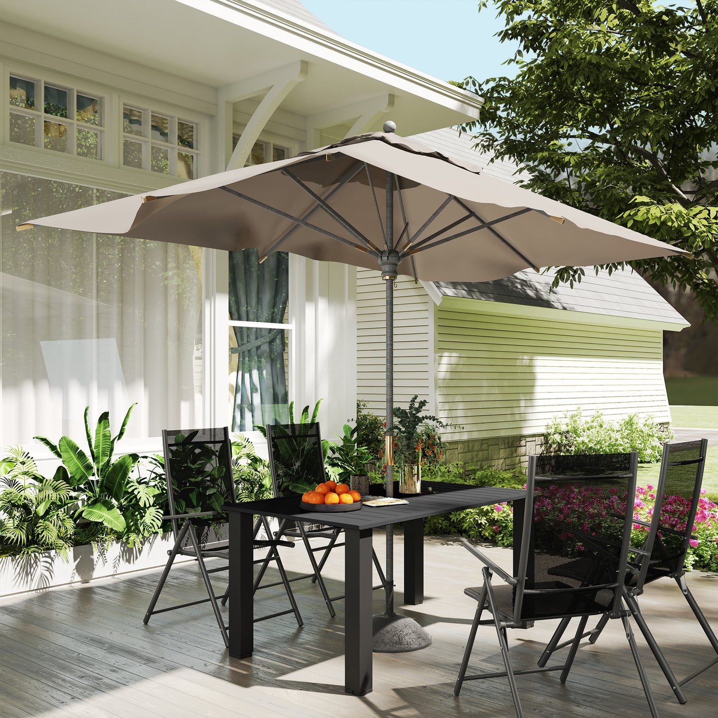 Outsunny Garden Dining Table For 6 With Parasol Hole Rectangular Outdoor Table Slatted Metal Top Steel Frame Black