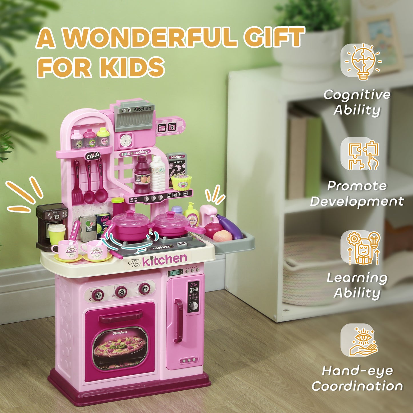 AIYAPLAY 33-Piece Pink Kitchen Playset for Kids with Lights, Sounds, and Storage - Perfect for Ages 3-6