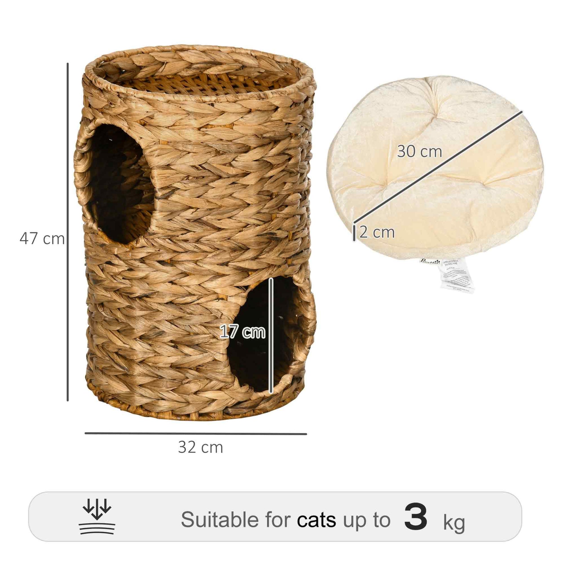 PawHut 47cm Cat Barrel Tree for Indoor Cats w/ Two Cat Houses, Cushion - ALL4U RETAILER LTD